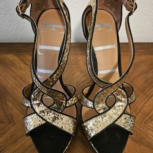 ELLE PLATFORM STRAPPY SANDALS BLACK/GOLD SEQUIN SIZE 7M